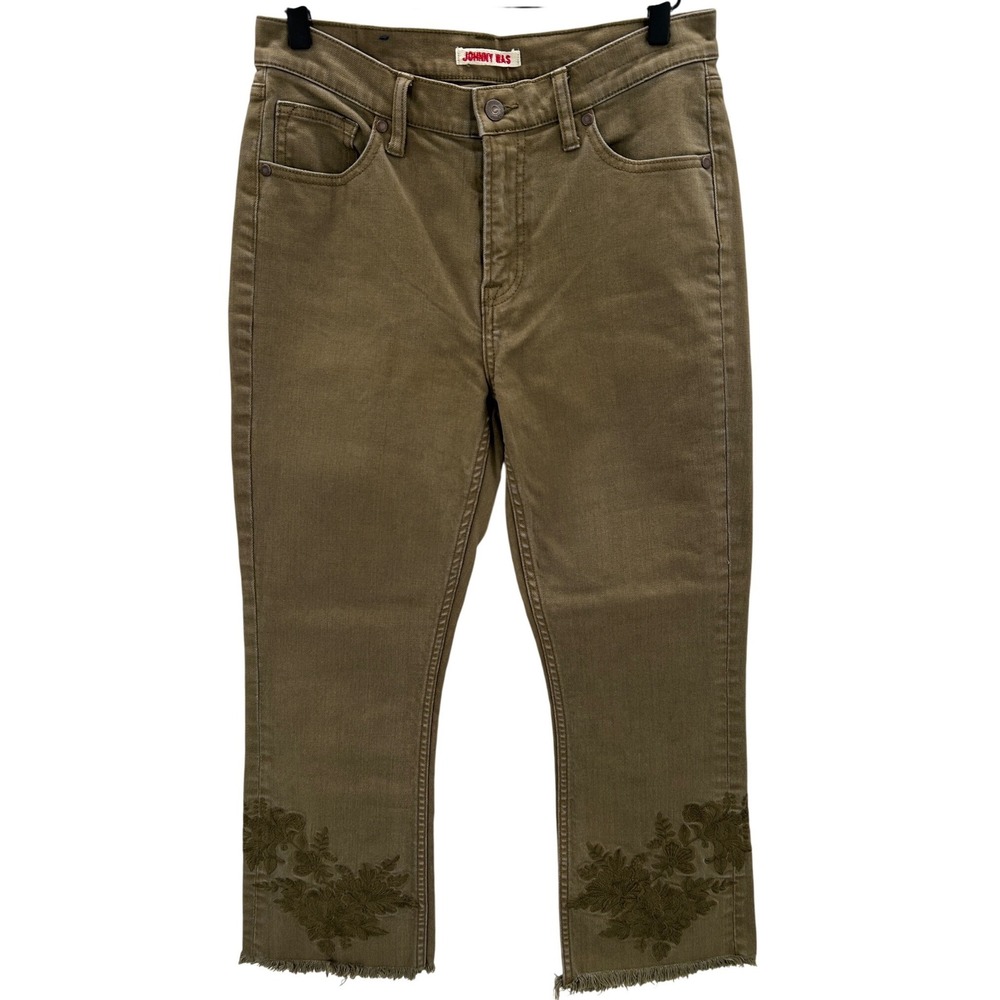 JOHNNY WAS The Cropped Baby Boot Jeans Khaki Embroidered Raw Hem Women's Size 28